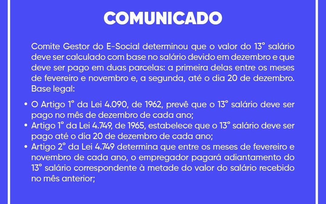 Comunicado: Determinação Sobre o Calculo do 13° Salário