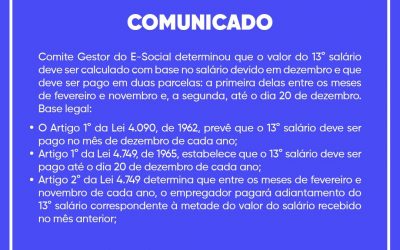 Comunicado: Determinação Sobre o Calculo do 13° Salário